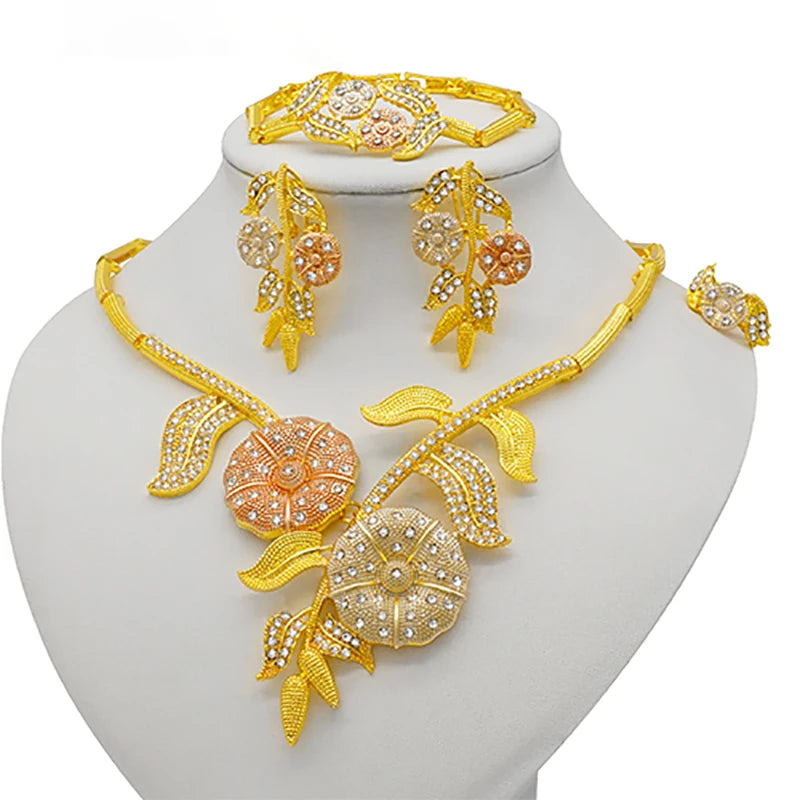 Nigeria Dubai Gold Color Fine Flowers Jewelry Sets African Wedding Gifts Party For Women Bracelet Necklace Earrings Ring Set