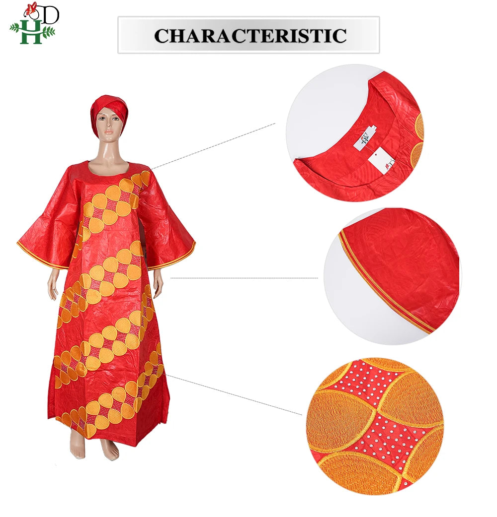 H&D New African Dresses For Women Embroidery Bazin Floral Dresses Ankara Rich Long Robes Nigeria Party Wedding Ramadan