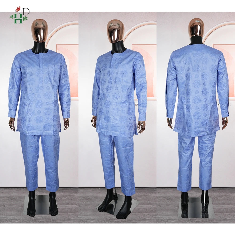 African Clothes Embroidery Blue Gown Plus Size For Men Elegant Party Wedding Thobe 3 PC Top and Pants Suits Set Daily Wear 2025