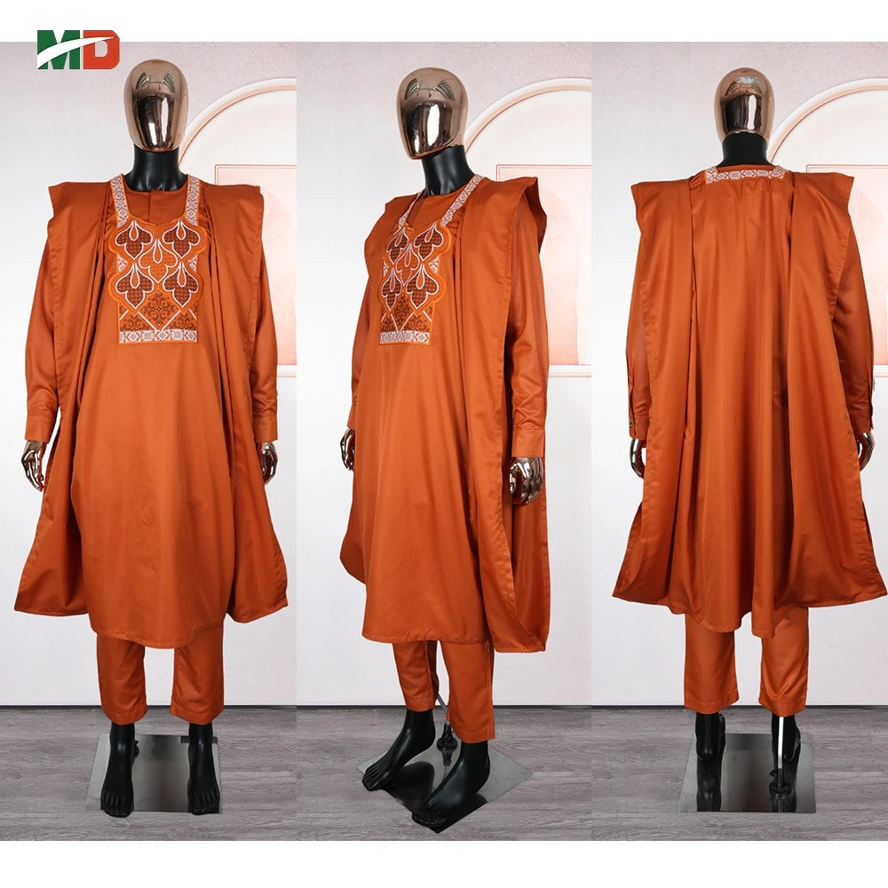 MD 2025 African Boubou Men Agbada 3 pieces Set Orange Dashiki Mens Shirt Pants Suit Embroidered Clothes Wedding Tops Pants Suit