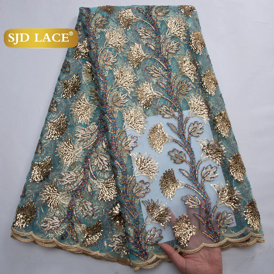 SJD LACE African Green Sequins Mesh Woman Lace Fabric High Quality 2025 Nigerian French Net Lace for Sewing Wedding Dresses 3735