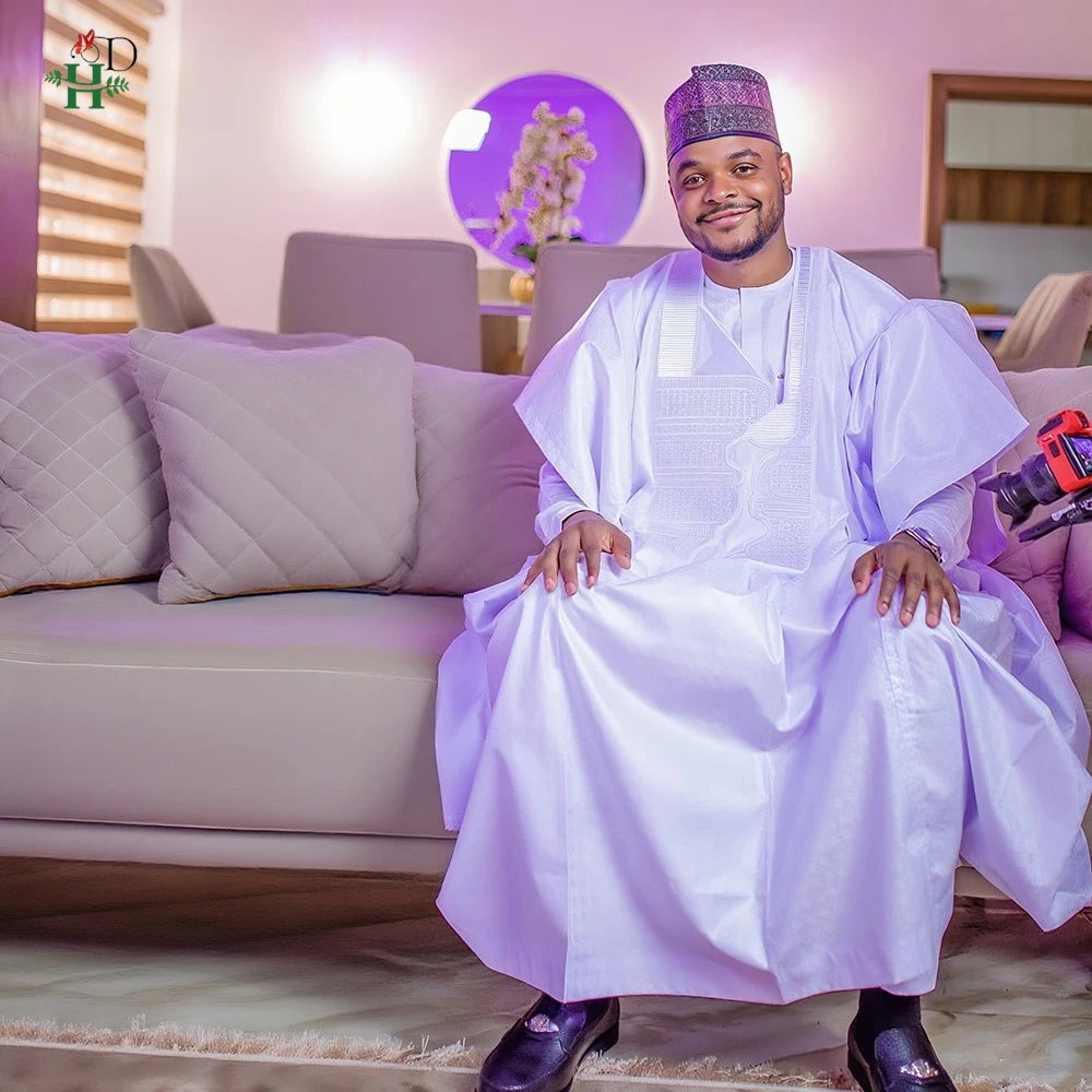 African Clothes Embroidery Bazin Riche Bubu Gown For Men Church Party Wedding Thobe 3 PC Top and Pants White Suit Set Daily Wear