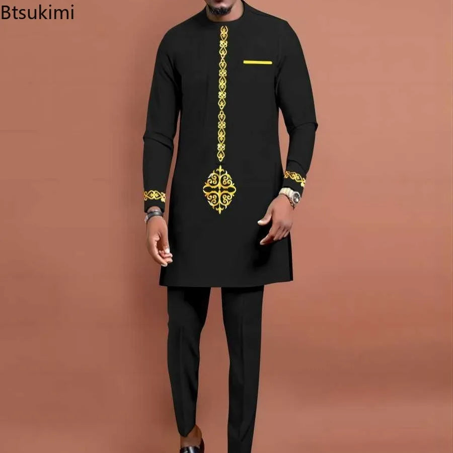 2025 New Men's Plaid Printing Casual Suit Long Sleeve Shirt Pants Two Pieces African Traditional Clothing Muslim Kaftan Outfits