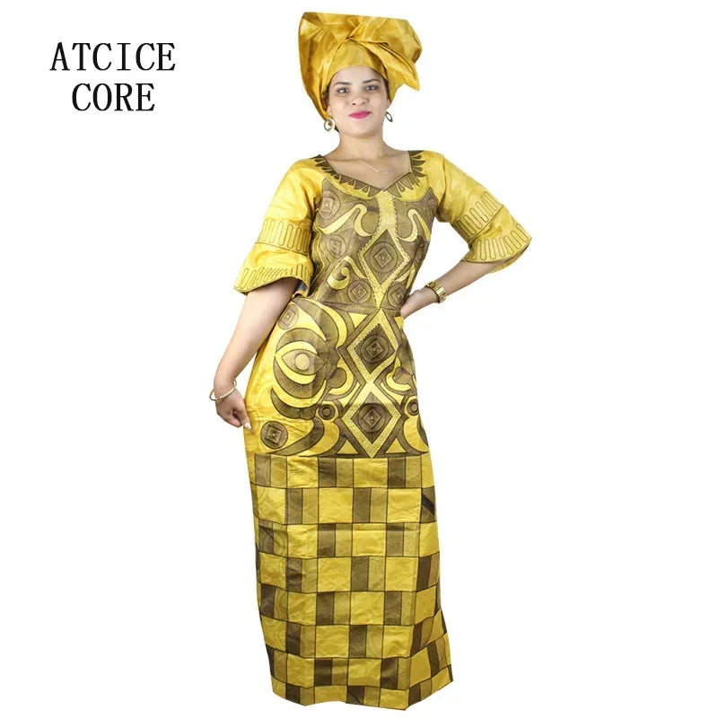 African Dresses For Woman Bazin Riche Computer Emboridery Plus Size Long Dress With Scarf