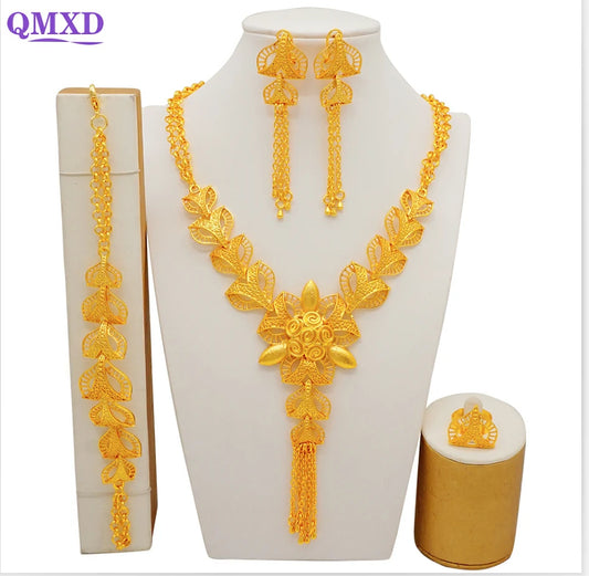 Trendy Nigerian Dubai Gold Color Jewelry Set For Women Tassel Long Chain Bridal Long Necklace Bracelet Earring Ring Wedding Sets