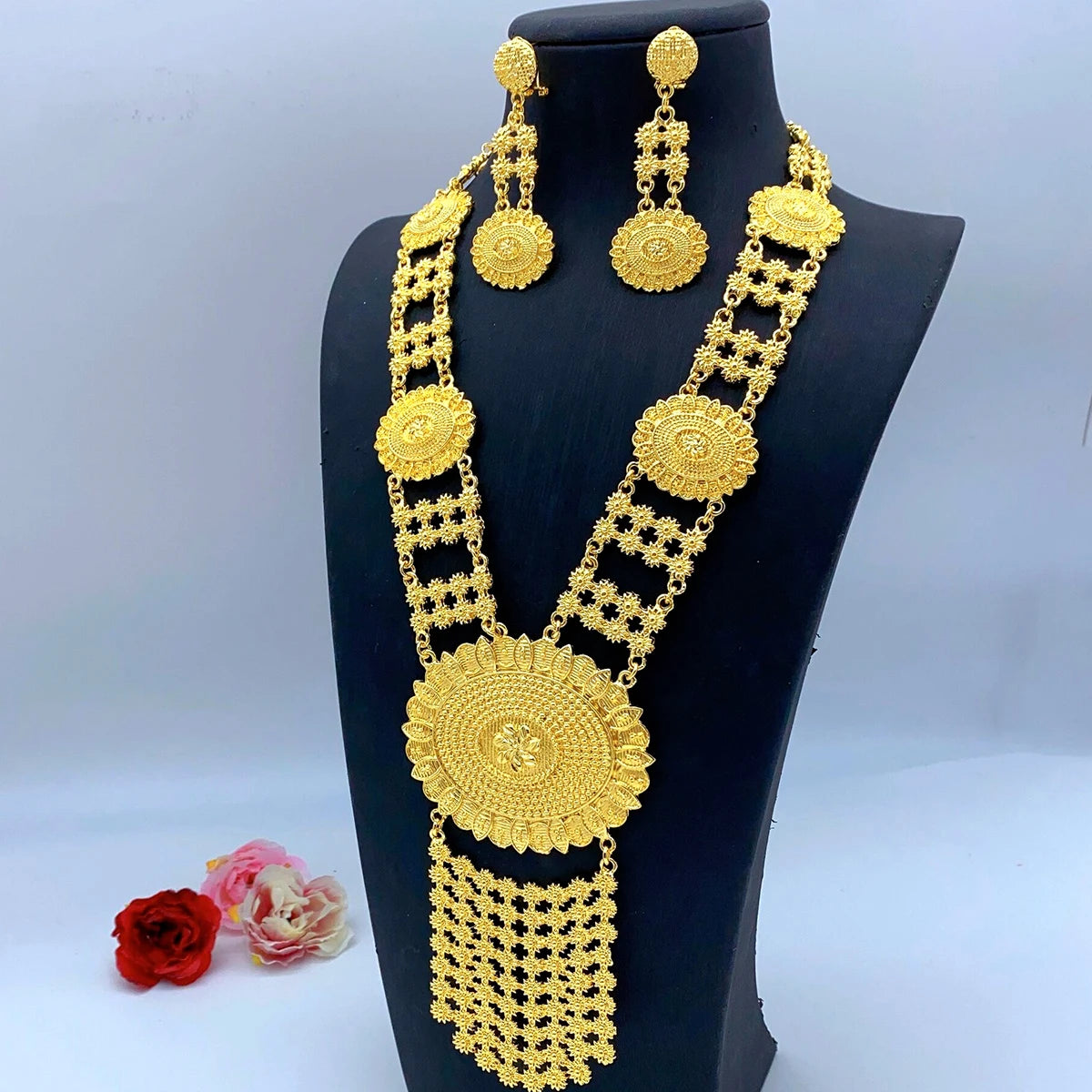 XuHuang African Gold Color Necklace Earring Sets Arab Ethiopia Nigeria Wedding Party Choke Ring Jewelry Dubai Gifts Wholesale