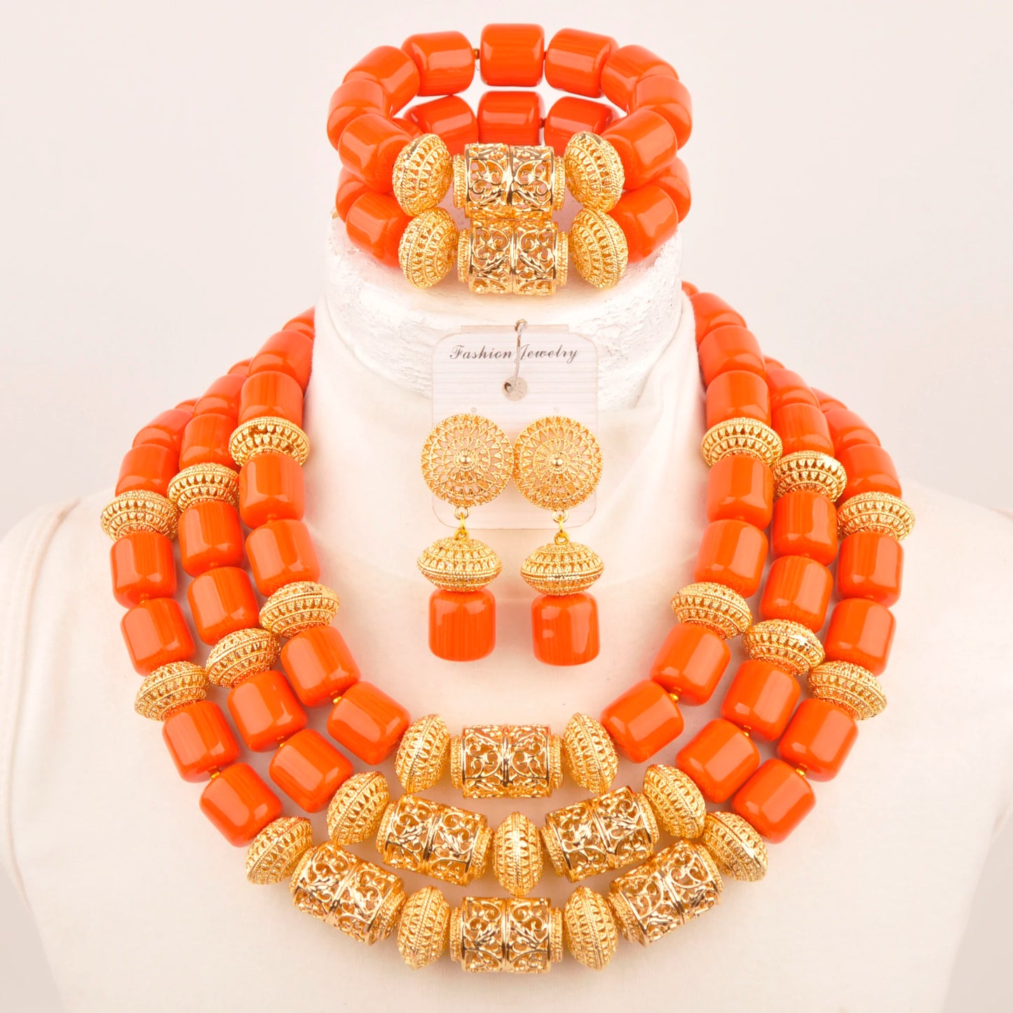 African Wedding Couple Set Orange Artificial Coral Beads Jewelry Set