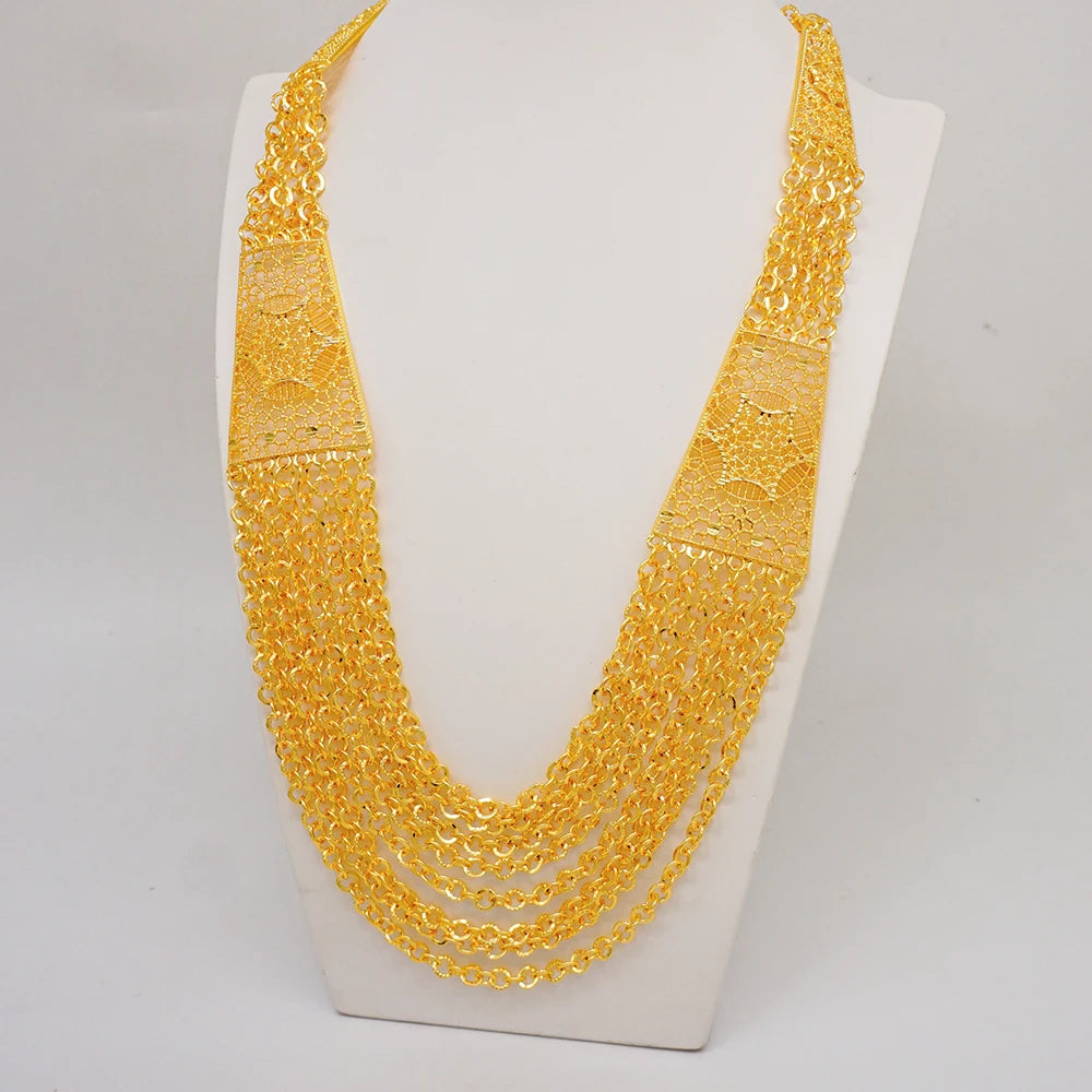 Trendy Nigerian Dubai Gold Color Jewelry Set For Women Tassel Long Chain Bridal Long Necklace Bracelet Earring Ring Wedding Sets
