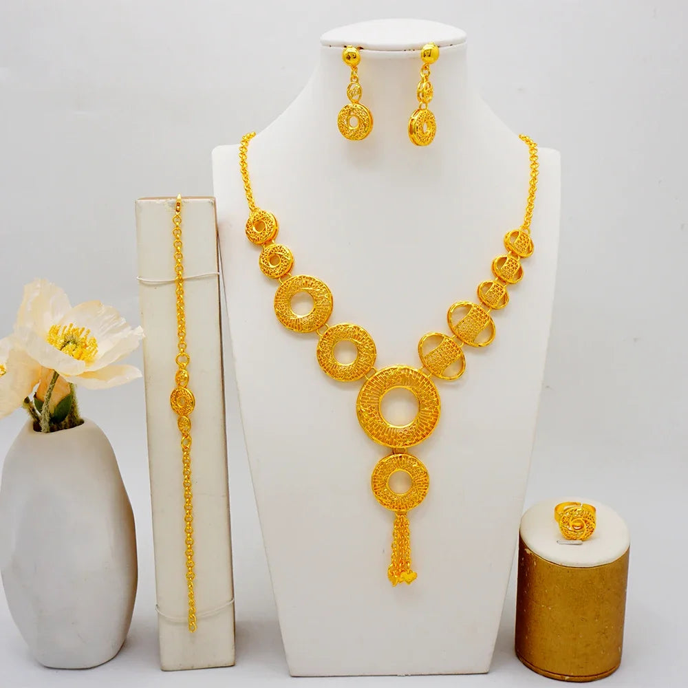 Arabic Women Gold Color Jewelry Sets Featured Round Pendant Earrings Rings Bracelets Suitable for Wedding Banquets Parties