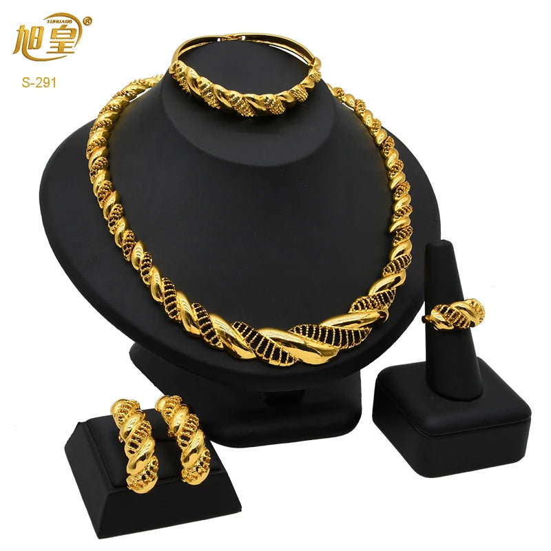 XUHUANG Dubai 2024 Gold Color Necklace Bracelet Jewelry Set For Women Ethiopian Arabic Charm Necklace Choker Set Wedding Gifts