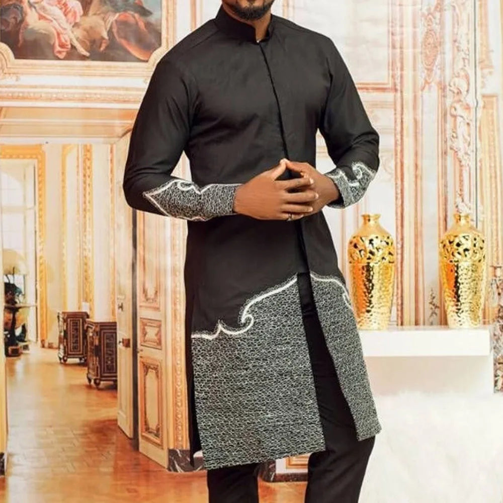 New Men's Tenos Wedding 2-Piece Suit Waist Pants Shirt Solid Color Panel Long Sleeve Party African Ethnic Style Clothing (M-4XL)