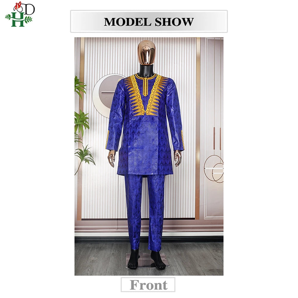 H&D New African Clothes for Men Tradition Clothing Embroidery Blue 2 Pcs Set Top Pant Bazin Muslim Wedding Party Dashiki