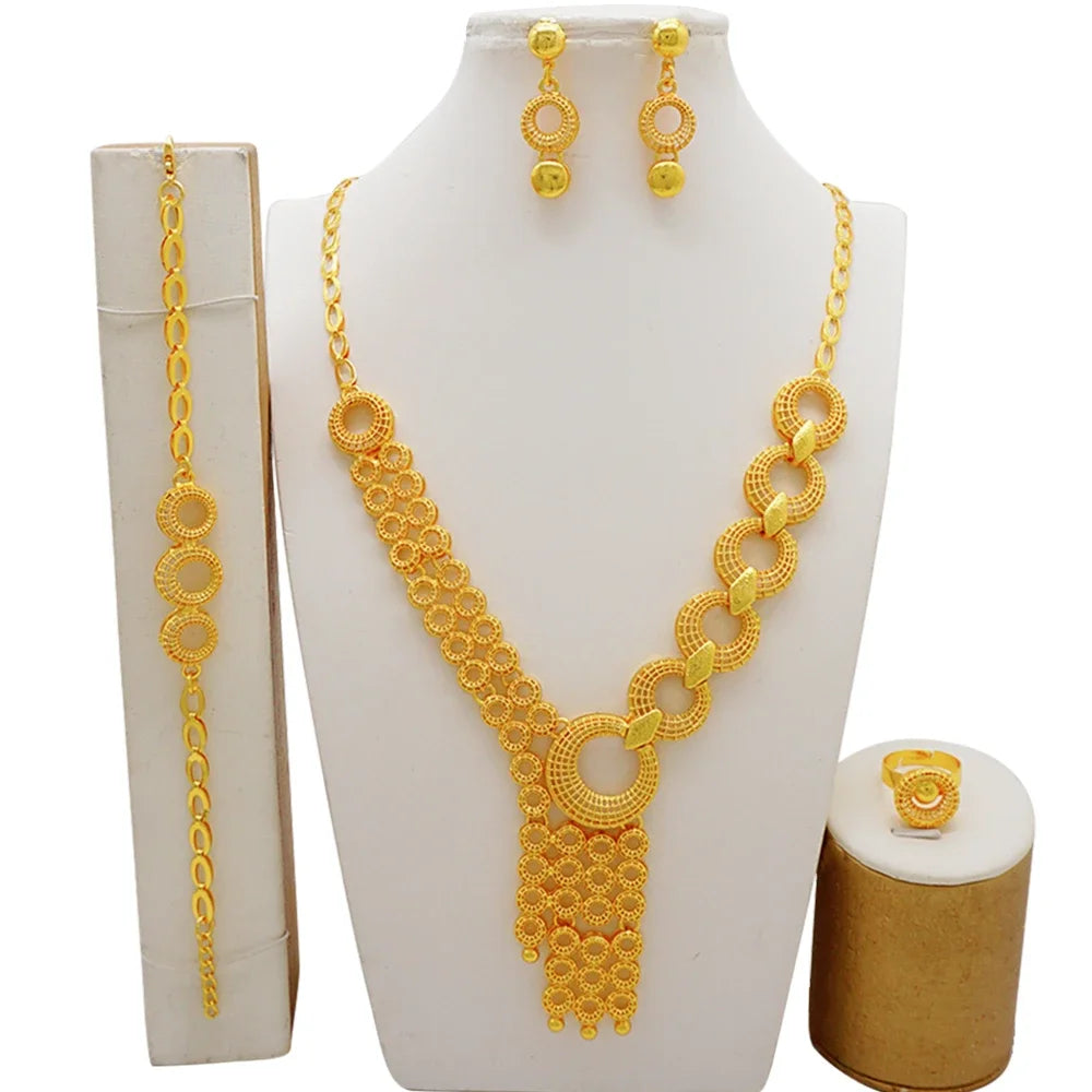 Arabic Women Gold Color Jewelry Sets Featured Round Pendant Earrings Rings Bracelets Suitable for Wedding Banquets Parties