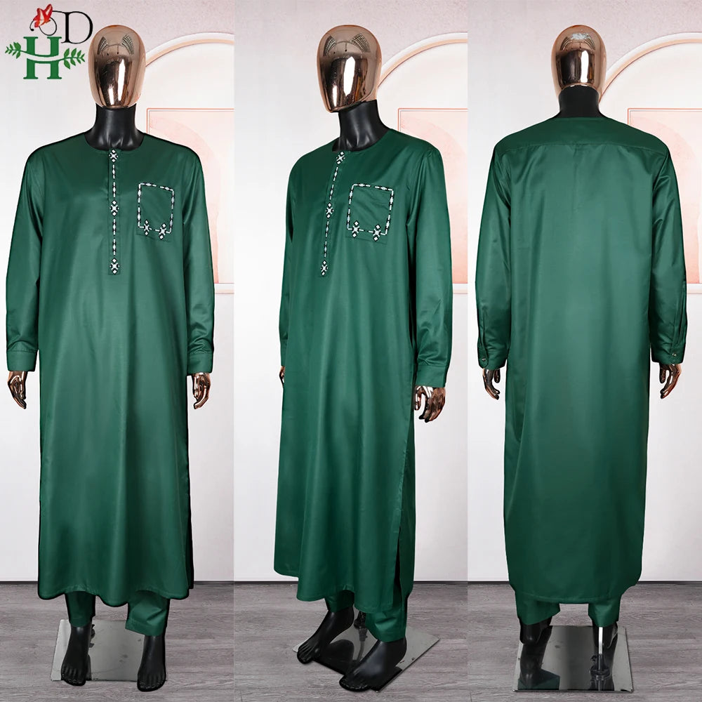 H&D 2025 African Nigerian Fashion Men Green Traditional Outfits Muslim Thobe Suit Complete Print 2 PCS Clothing Ramadan Sets