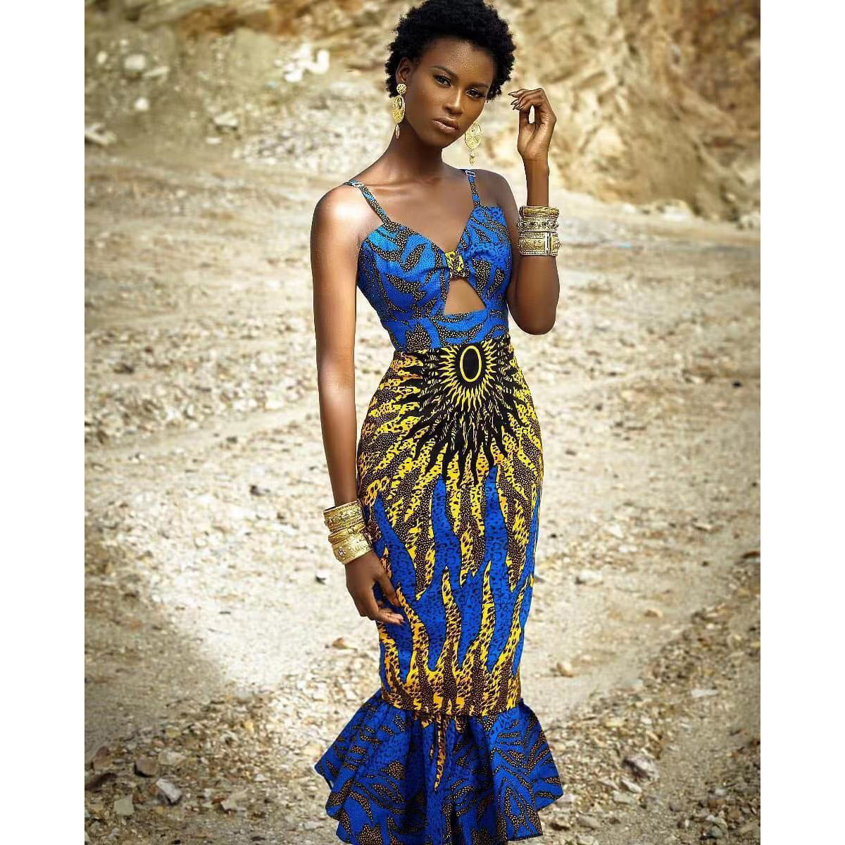 African Women's Clothing Bodycon Hollow Out Printed Dress Fishtail Suspenders Maxi Skirt Banquet Party Dress Slim Fit Hollow Out