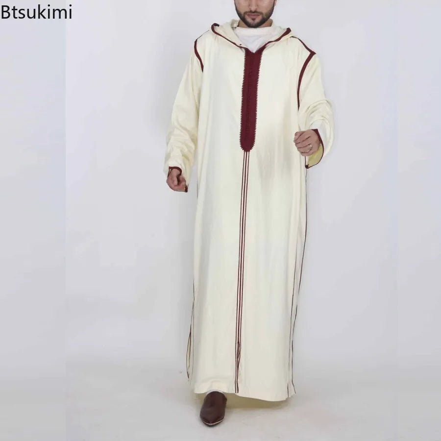 2025 Muslim Men's Casual Jubba Thobe Fashion Abayas Middle East Ethnic Style Hooded Long Robes Pakistani Islamic Clothing Homme