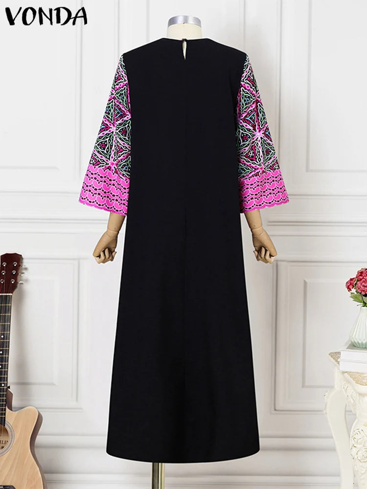 Women Floral Printed Maxi Dress 2025 VONDA Autumn Long Sleeve Loose Long Robe Bohemian Vestidos Oversize V-neck Sundress Baggy