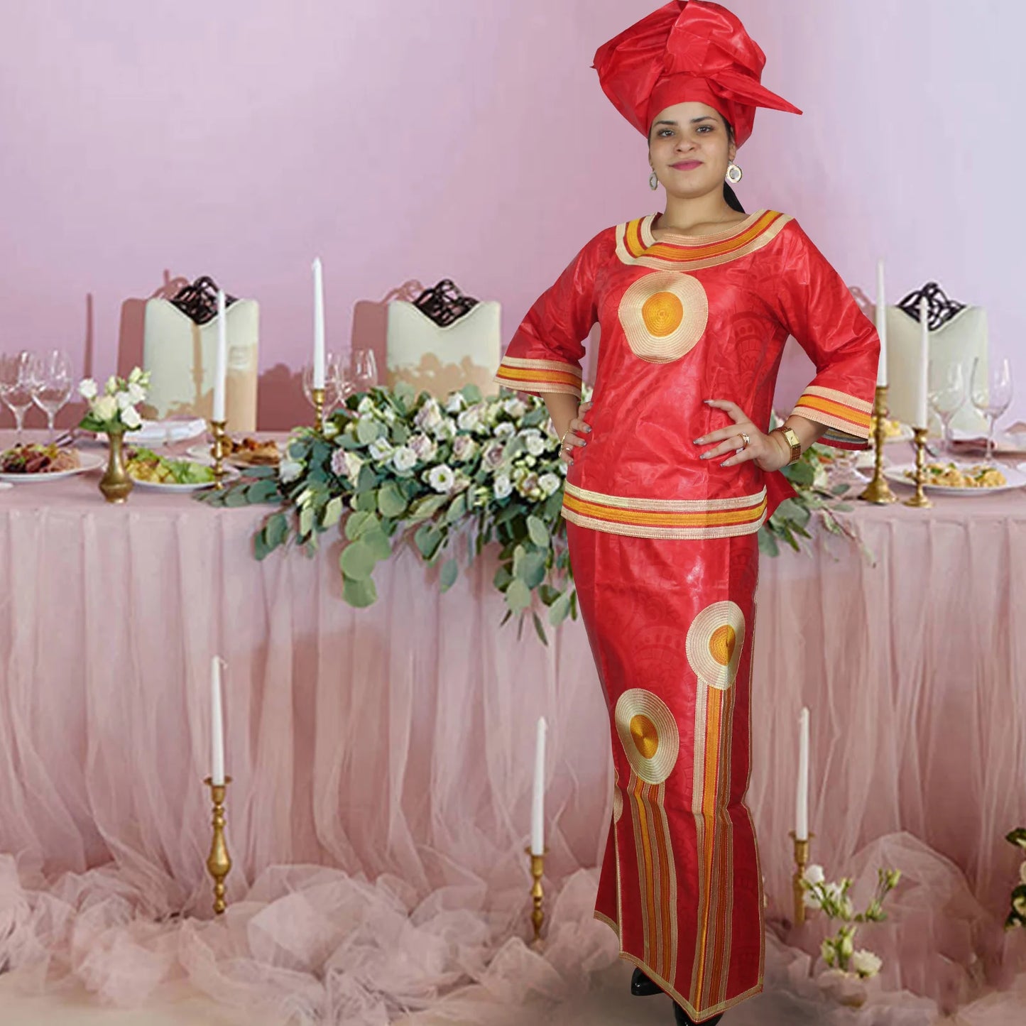 African Attire For Women Bazin Riche Embroidery Plus Size Elegant Party Church Dress