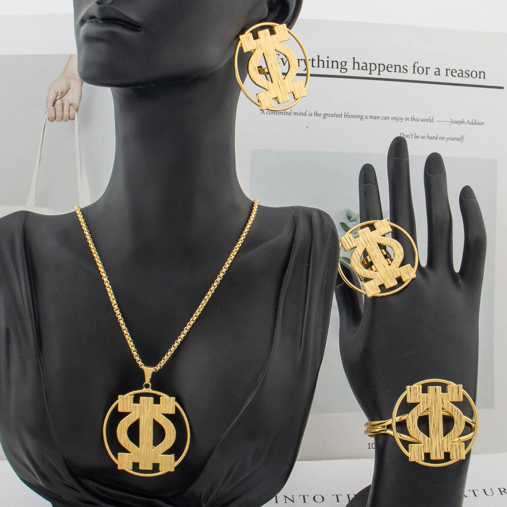 African Women Elegant Gold Color Clip Earrings Round Bracelet Design Irregular Hollow Earrings Necklace 4PCS Party Jewelry Gift