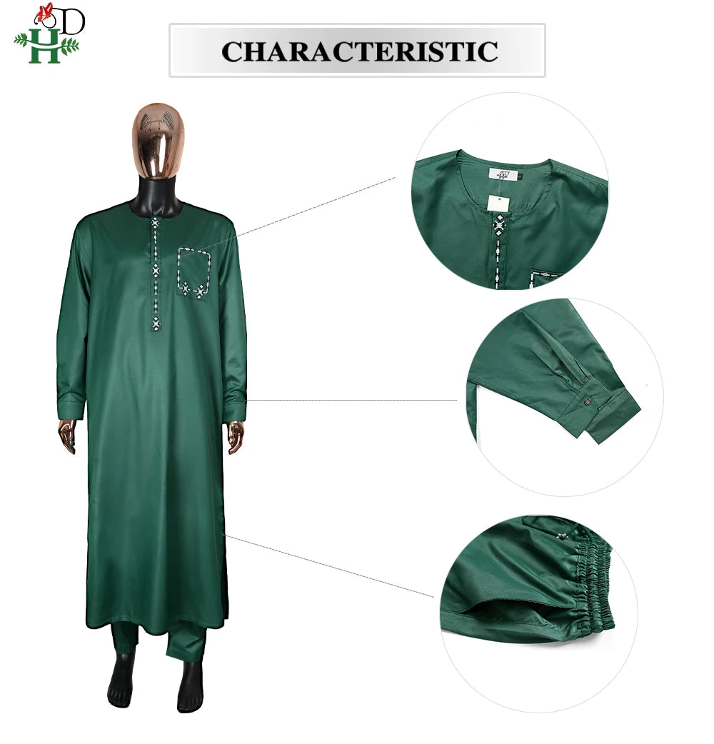 H&D 2025 African Nigerian Fashion Men Green Traditional Outfits Muslim Thobe Suit Complete Print 2 PCS Clothing Ramadan Sets