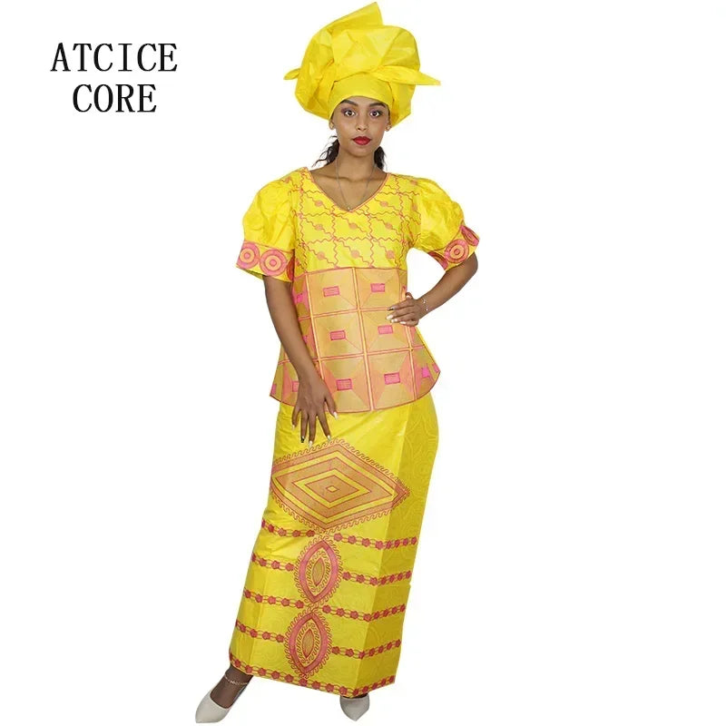 African Dresses For Woman Bazin Riche Embroidery Design Big Size Top Wrapper Scarf