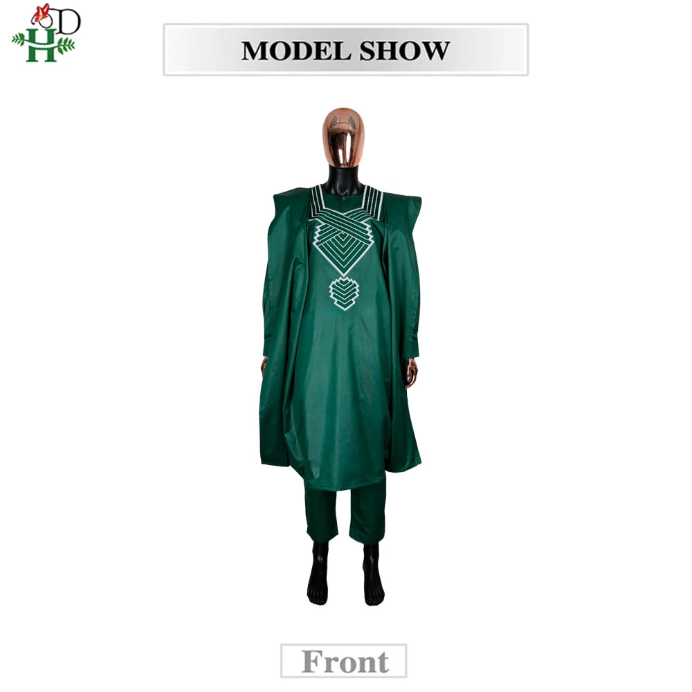 H&D African Clothes Plus Size For Men Elegant Party Wedding Thobe 3 PC Top and Pants Suits Set Daily Wear Embroidery Green Gown