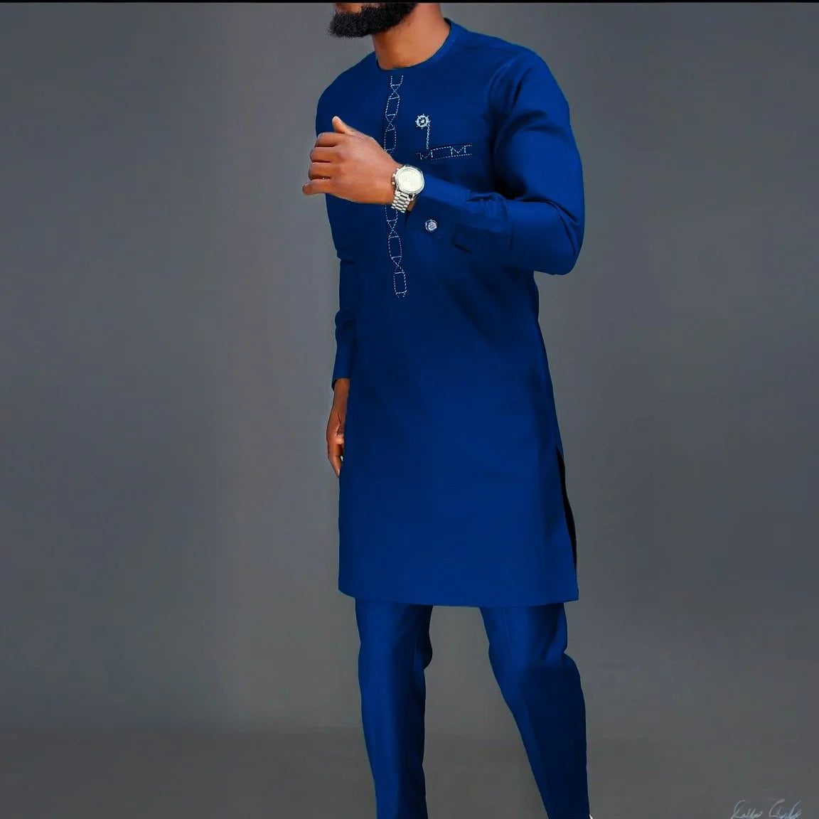 Dashiki Men Clothing 2 Pieces Long Sleeve Outfit African Clothes For Men Solid Color Casual Riche Shirt Pant Full Men‘s Suits