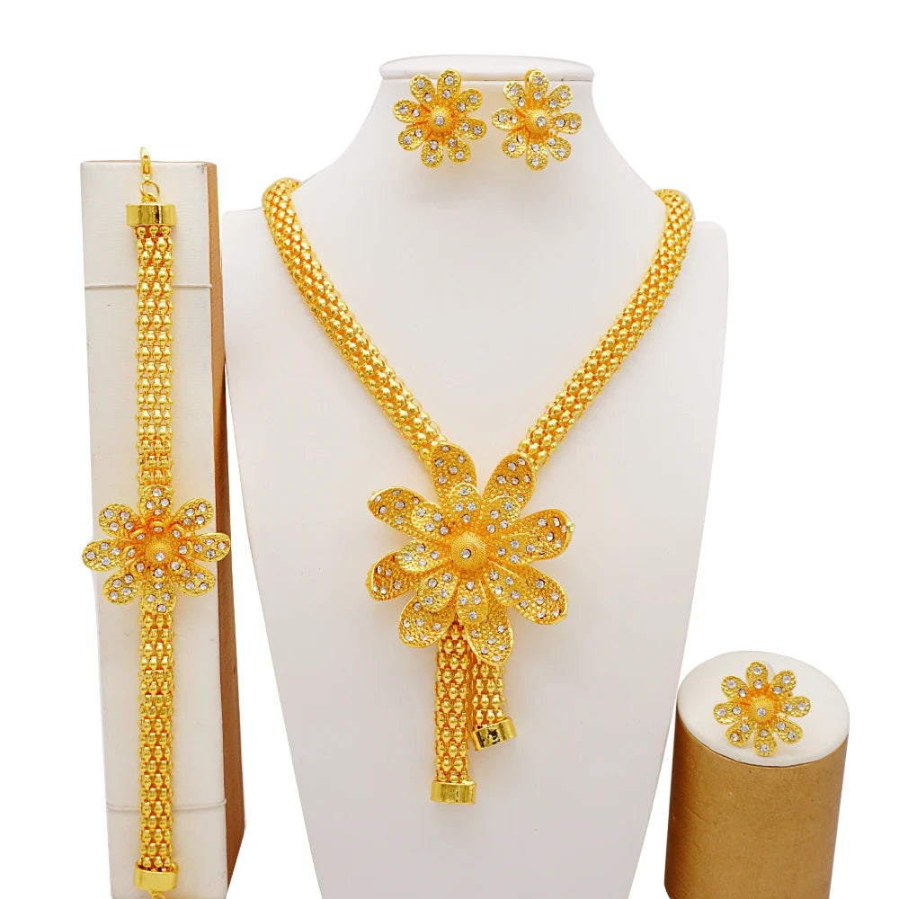Dubai Gold Color Jewelry Set For Woman Bridal Nigerian African Long Chain Necklace Earrings Bracelet Ring Jewellery Set