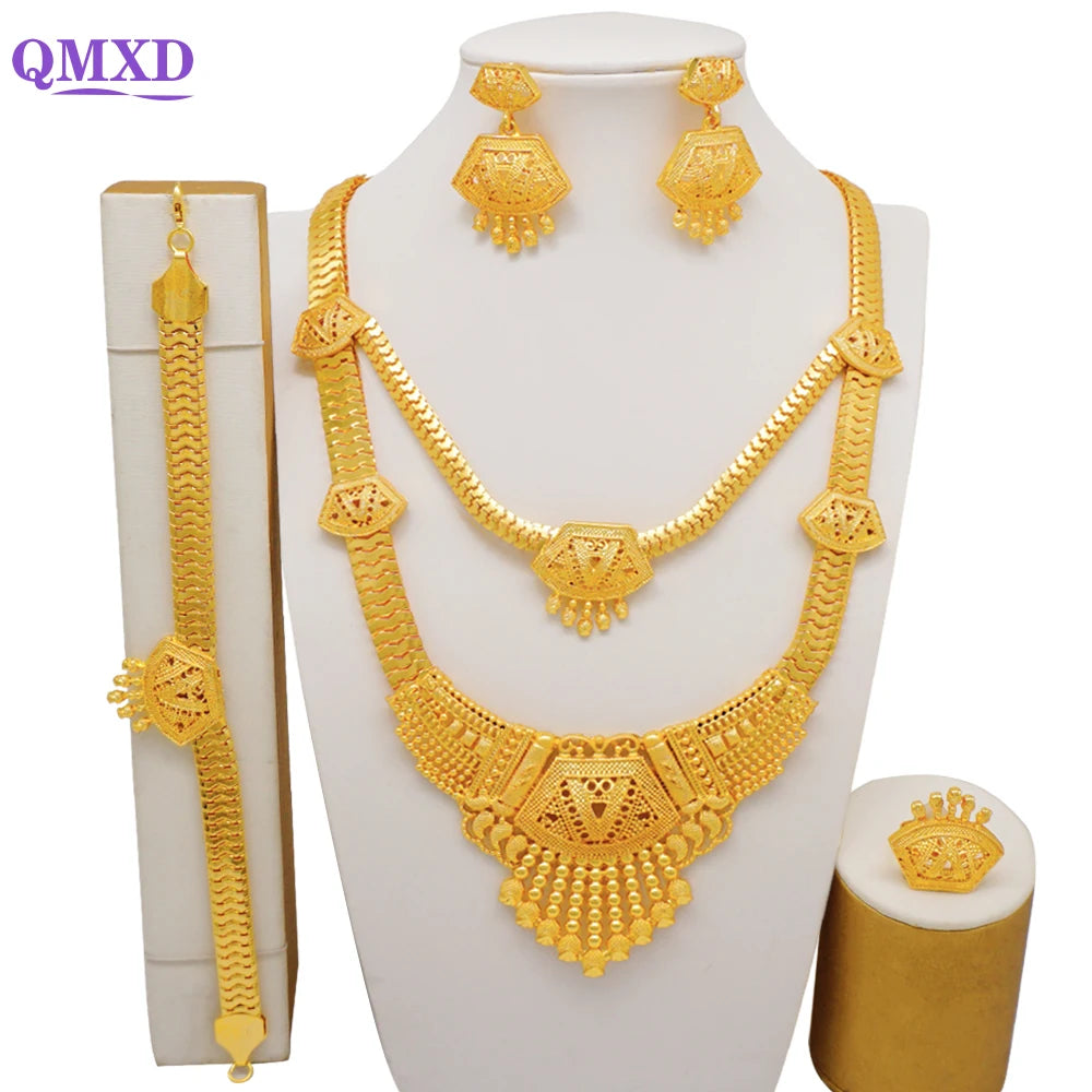 Trendy Nigerian Dubai Gold Color Jewelry Set For Women Tassel Long Chain Bridal Long Necklace Bracelet Earring Ring Wedding Sets