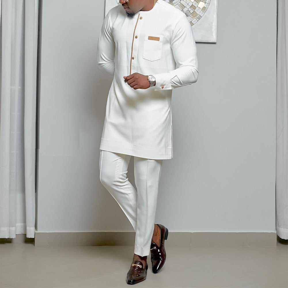 2023 New Arrival Summer Fashion Dashiki African Men Long Sleeve O-neck Polyester White Plus Size T-shirt M-4XL No Pant