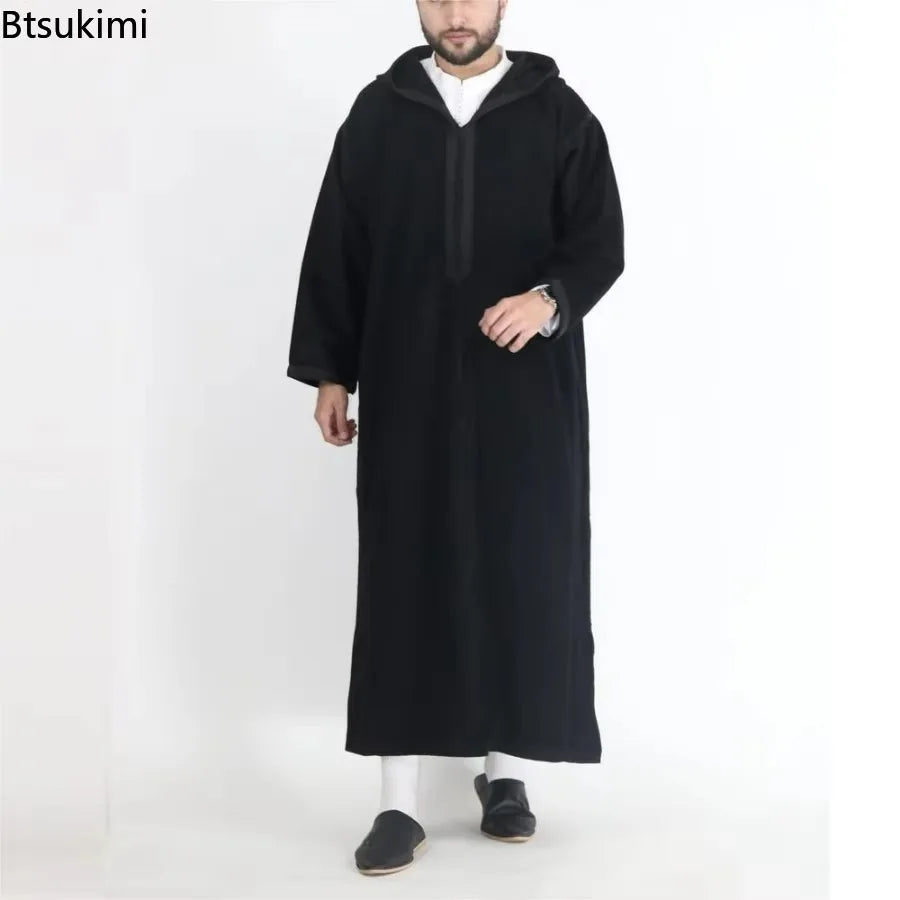 2025 Muslim Men's Casual Jubba Thobe Fashion Abayas Middle East Ethnic Style Hooded Long Robes Pakistani Islamic Clothing Homme