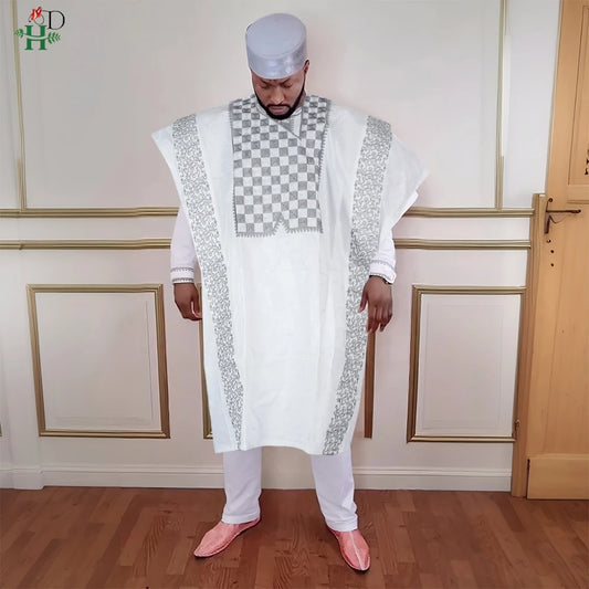 H&D New In African Summer Men's Long Sleeve Suit White Embroidery Dashiki Shirt Pants Sets 3 Pieces Outfits Wedding Party 2025