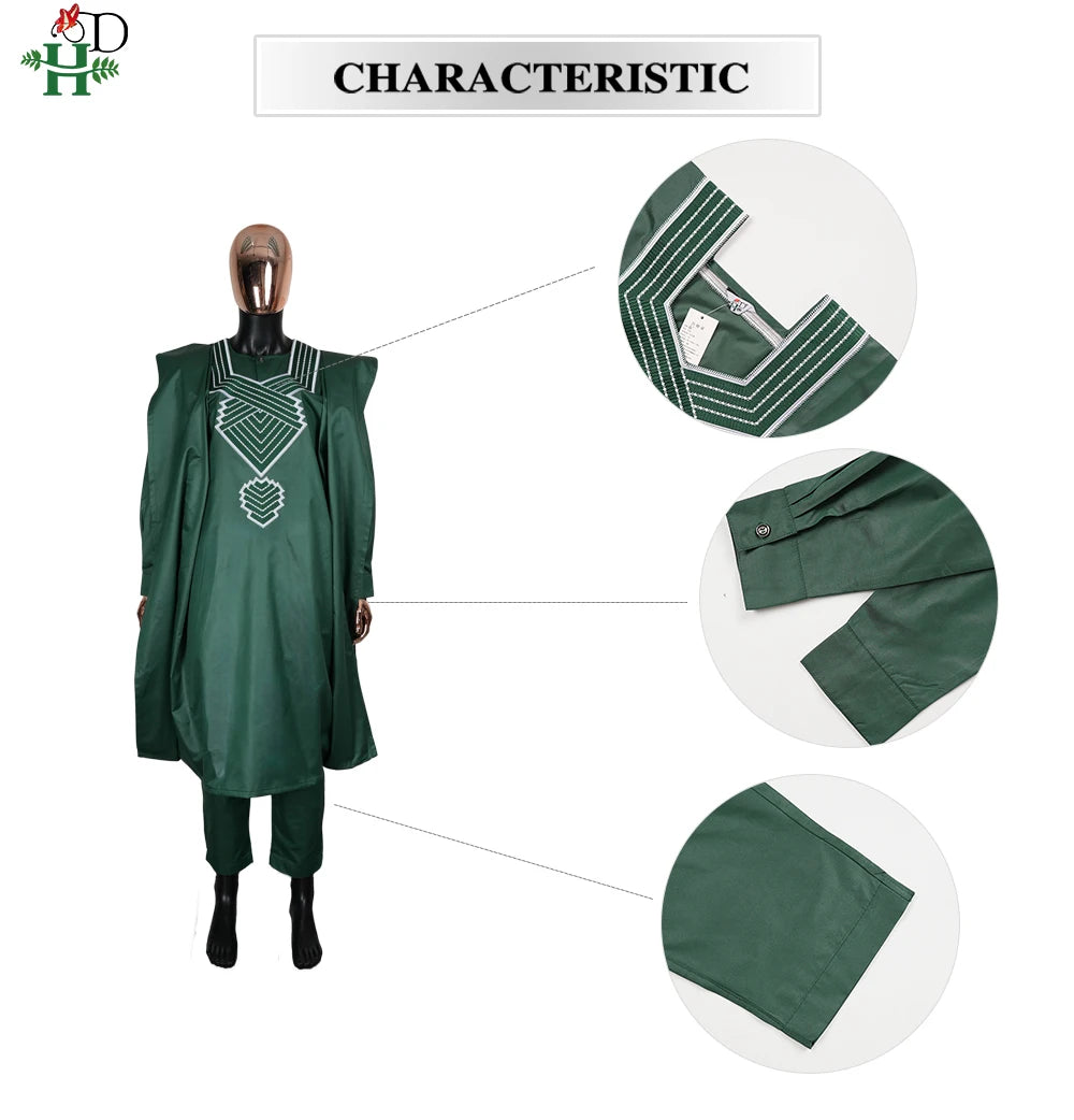 H&D African Clothes Plus Size For Men Elegant Party Wedding Thobe 3 PC Top and Pants Suits Set Daily Wear Embroidery Green Gown