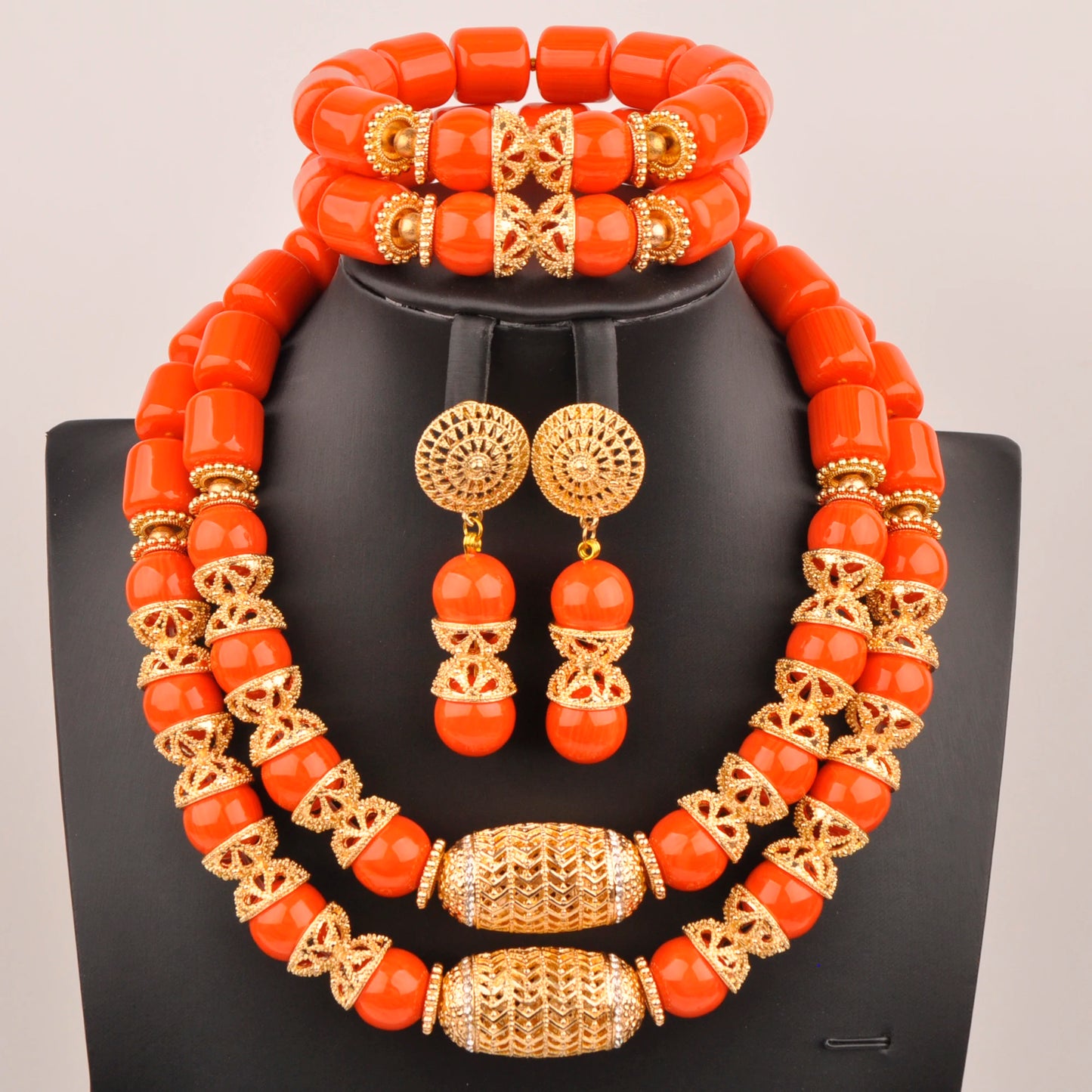 Orange Nigerian Artificial Coral Bead Necklace African Jewelry Sets