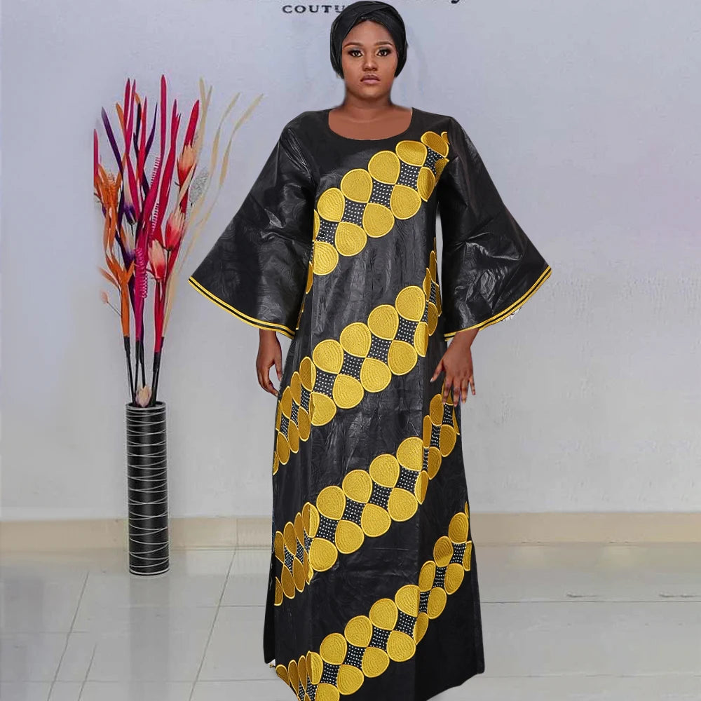 H&D New African Dresses For Women Embroidery Bazin Floral Dresses Ankara Rich Long Robes Nigeria Party Wedding Ramadan