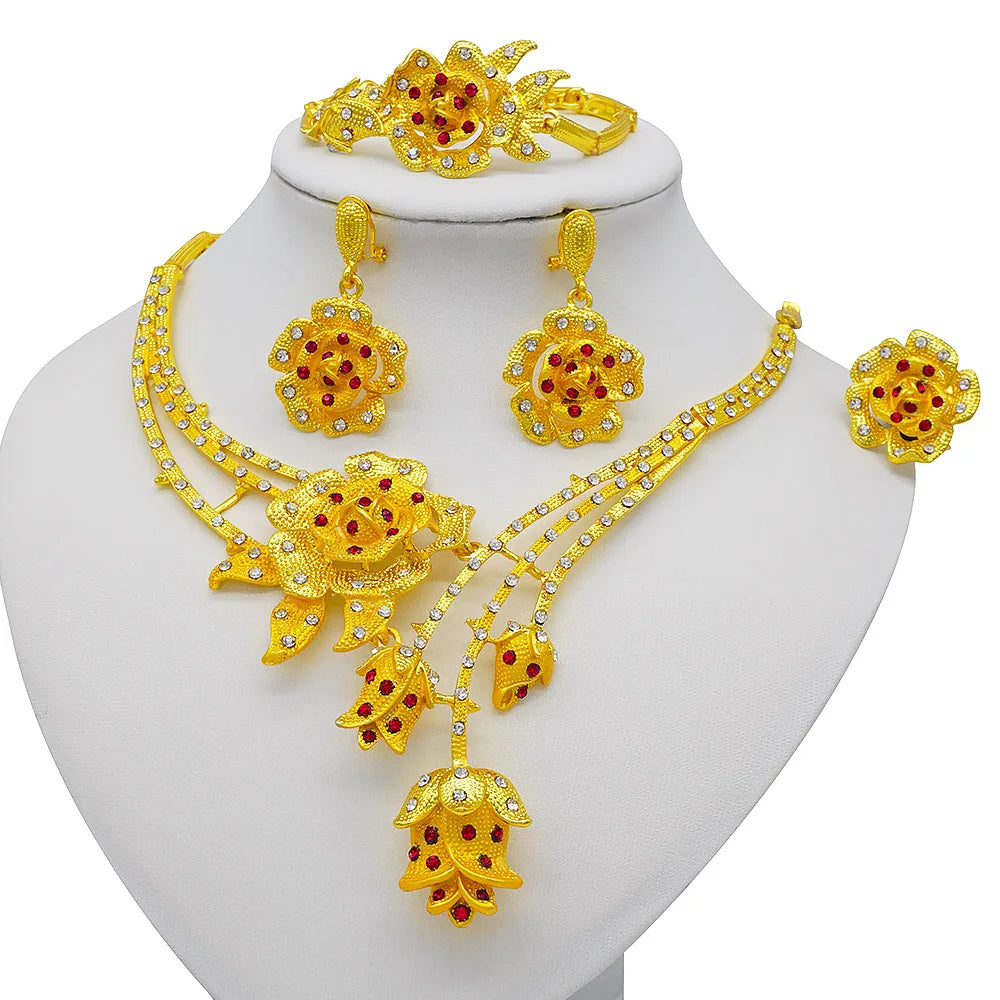 Nigeria Dubai Gold Color Fine Flowers Jewelry Sets African Wedding Gifts Party For Women Bracelet Necklace Earrings Ring Set