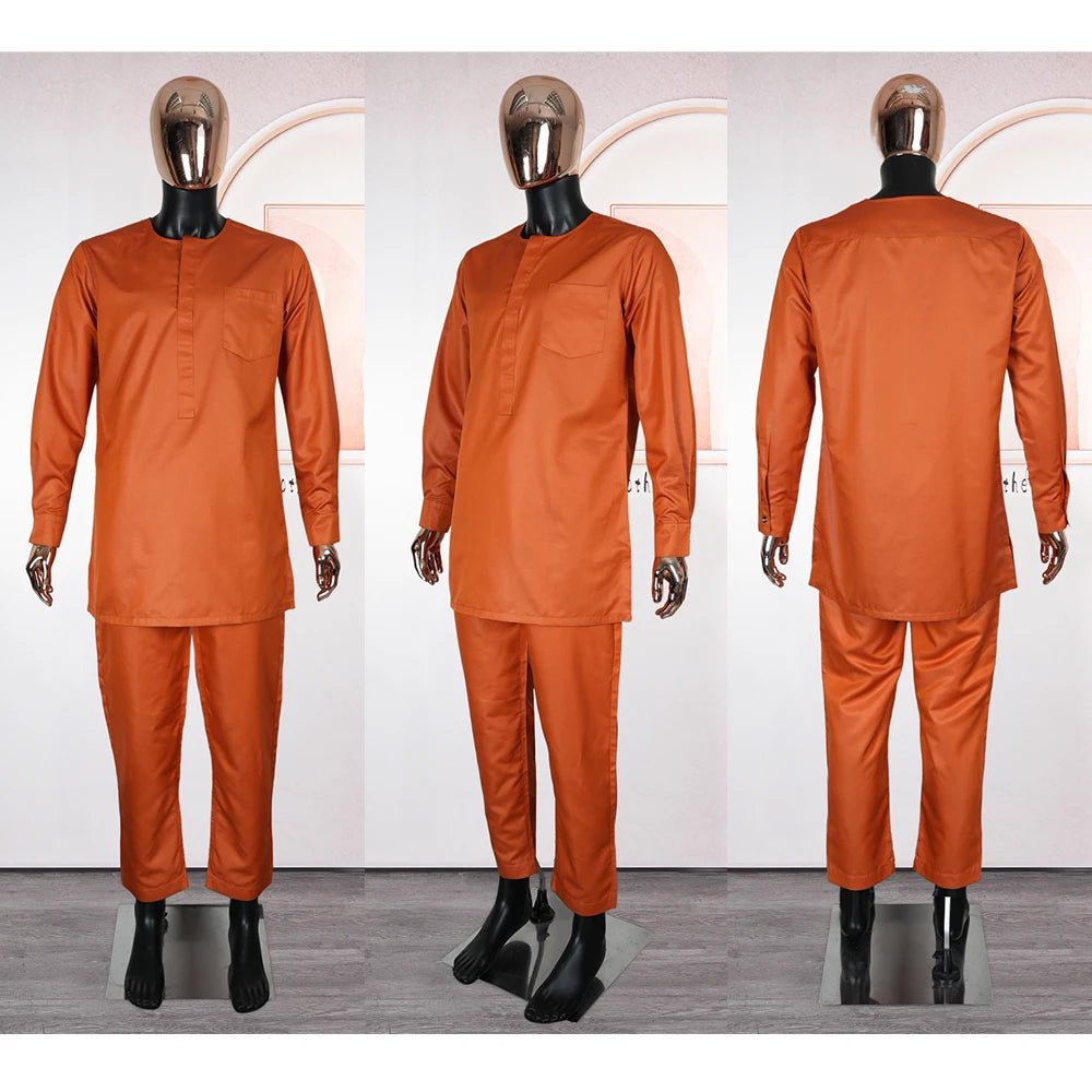 MD 2025 African Boubou Men Agbada 3 pieces Set Orange Dashiki Mens Shirt Pants Suit Embroidered Clothes Wedding Tops Pants Suit