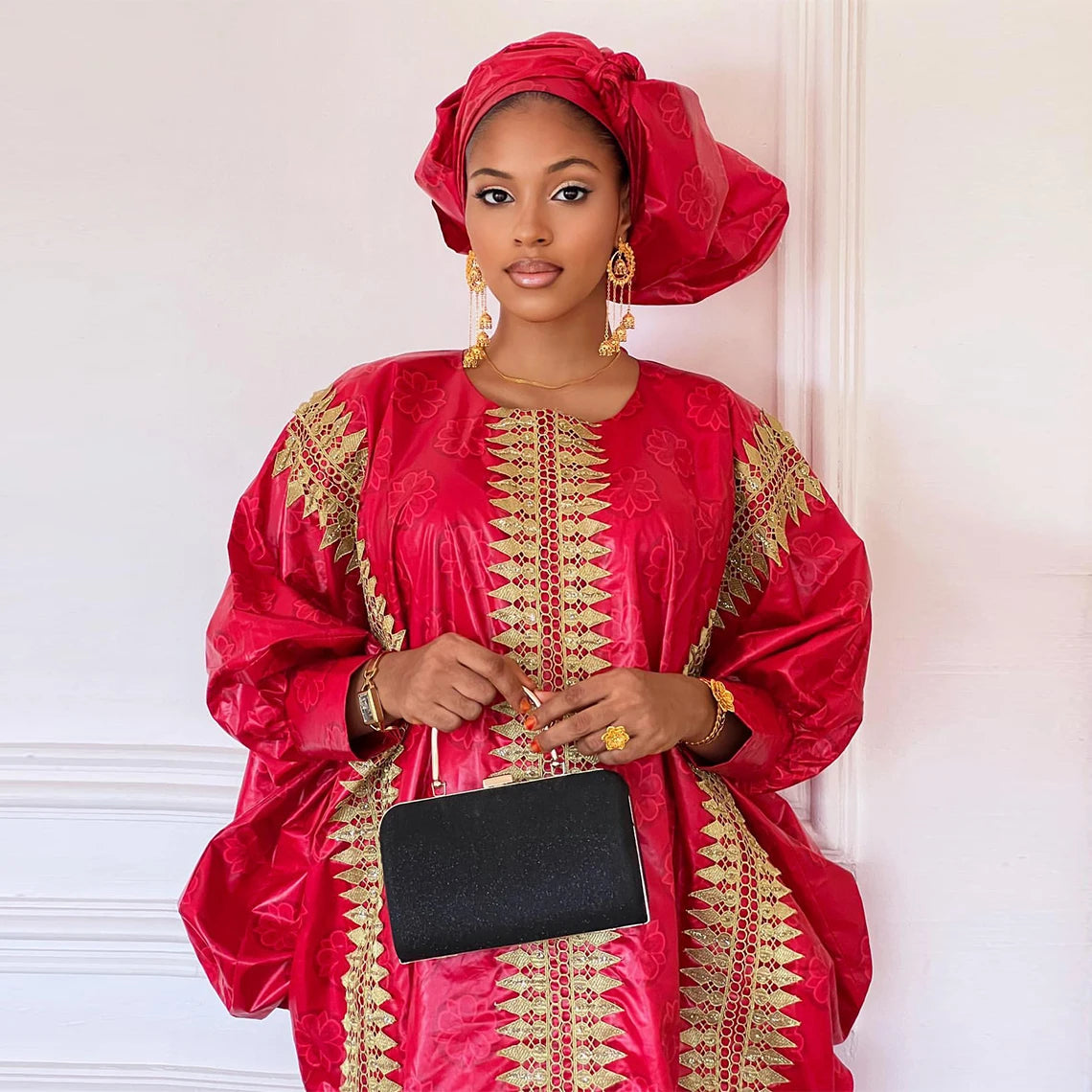 African Red Boubou Bazin Riche Wedding Bride Dress 2024 Latest Nigerian Mali Mix Size Dashiki With Gold Dust Embroidery Gown