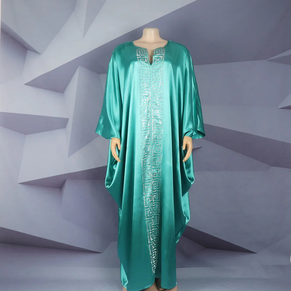 2025 High Quality African Women Plus Size Dress Bat Sleeve V Neck Robes Diamond Dashiki Maxi Dresses Muslim Femme Elegant Abayas