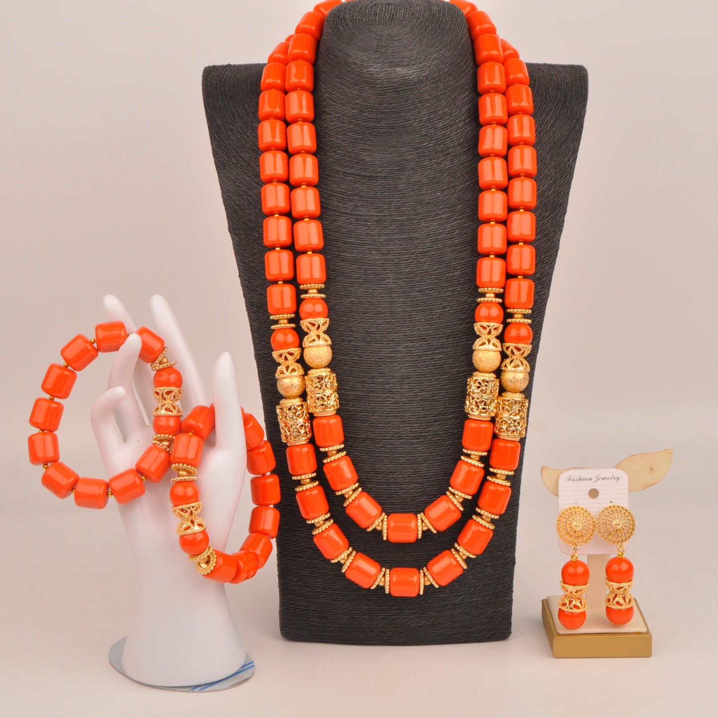 African Wedding Couple Set Orange Artificial Coral Beads Jewelry Set