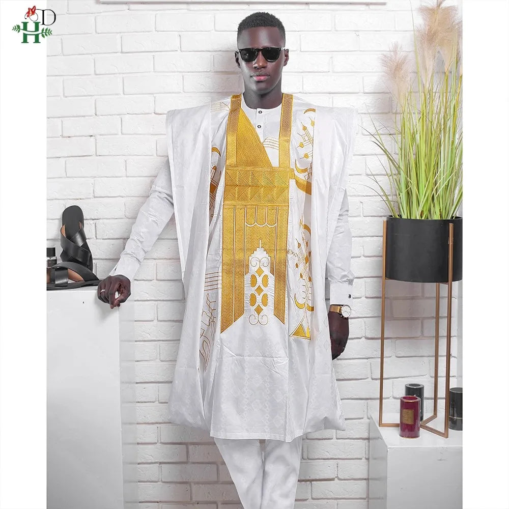 H&D Family Matching African Wedding Outfits For Husband and Wife Bazin Riche Robes Custom Couple Dashiki Set Boy Kid white Dress