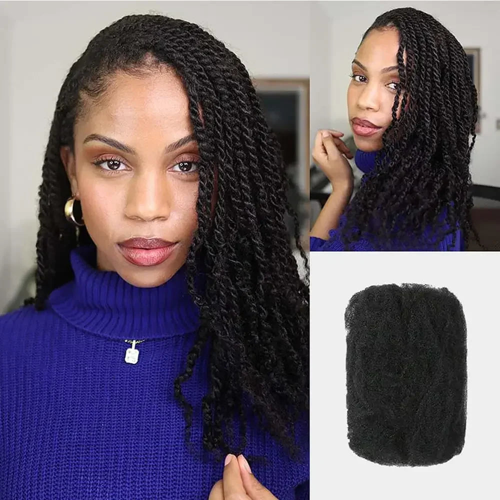 QVR Afro Kinky Bulk Human Hair Extensions Natural Black/Brown/Grey - Lightweight for Braiding, Styling & Everyday Wear