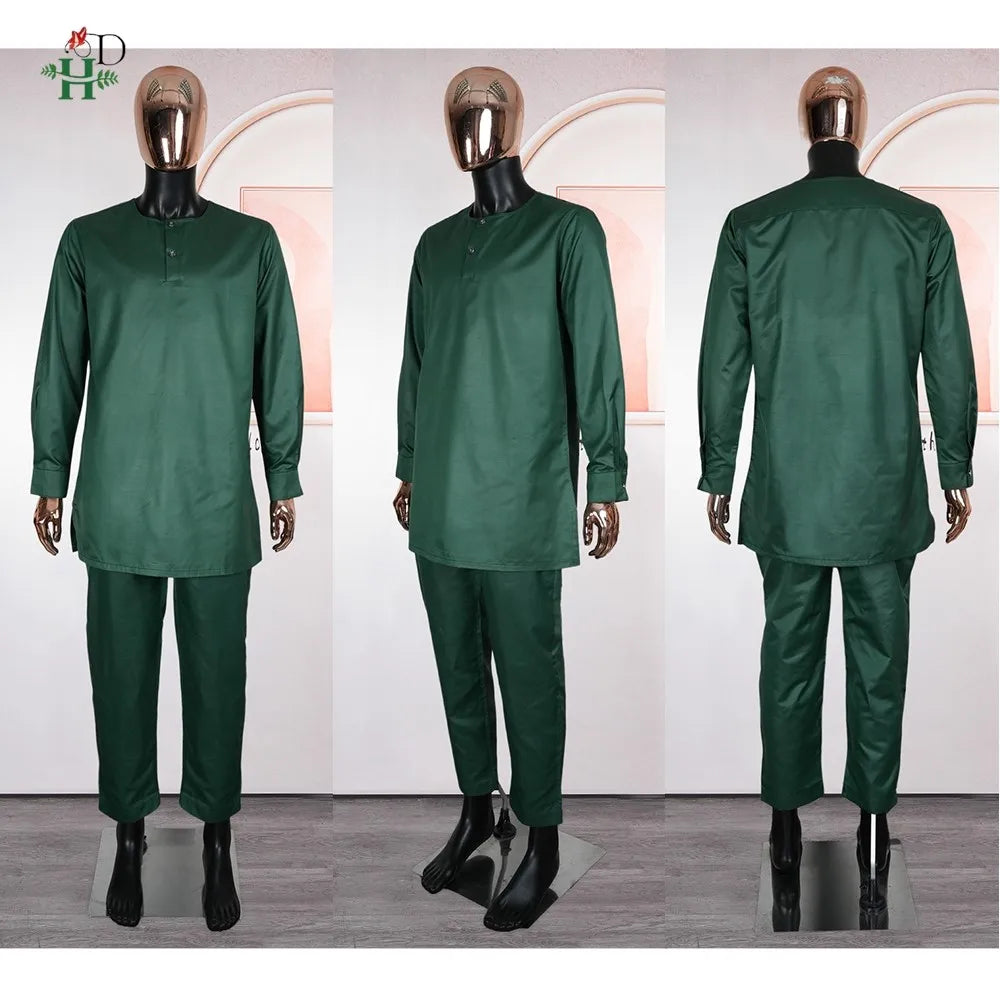 H&D African Clothes Plus Size For Men Elegant Party Wedding Thobe 3 PC Top and Pants Suits Set Daily Wear Embroidery Green Gown