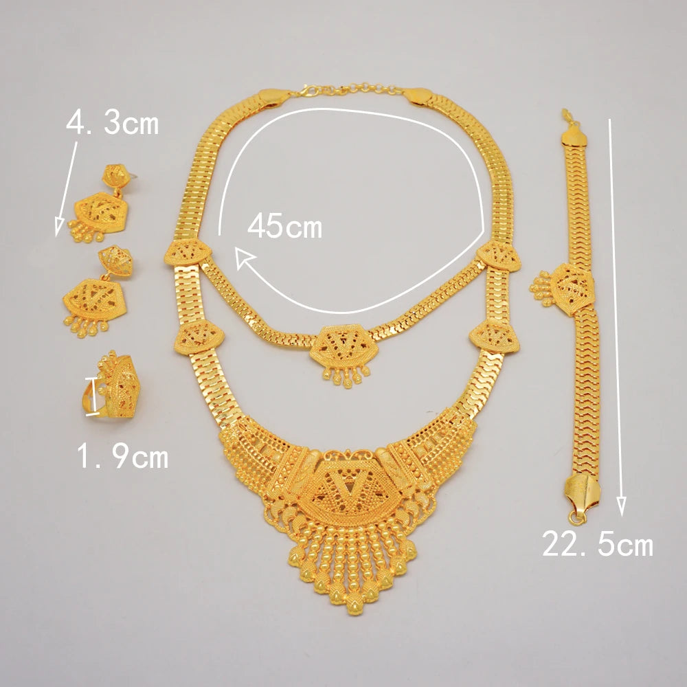 Trendy Nigerian Dubai Gold Color Jewelry Set For Women Tassel Long Chain Bridal Long Necklace Bracelet Earring Ring Wedding Sets
