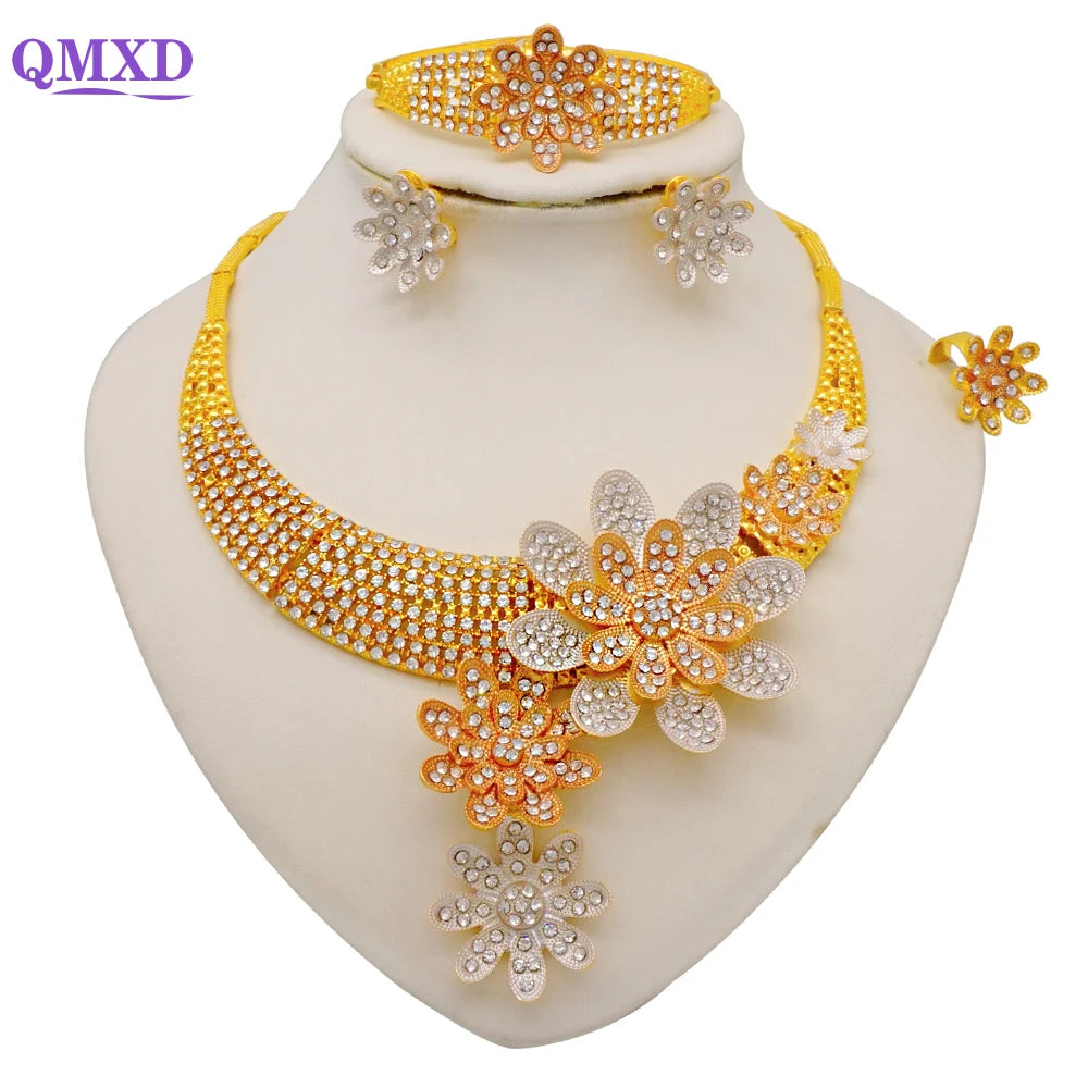Trendy Nigerian Dubai Gold Color Jewelry Set For Women Tassel Long Chain Bridal Long Necklace Bracelet Earring Ring Wedding Sets