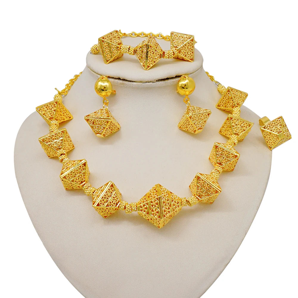 Trendy Nigerian Dubai Gold Color Jewelry Set For Women Tassel Long Chain Bridal Long Necklace Bracelet Earring Ring Wedding Sets