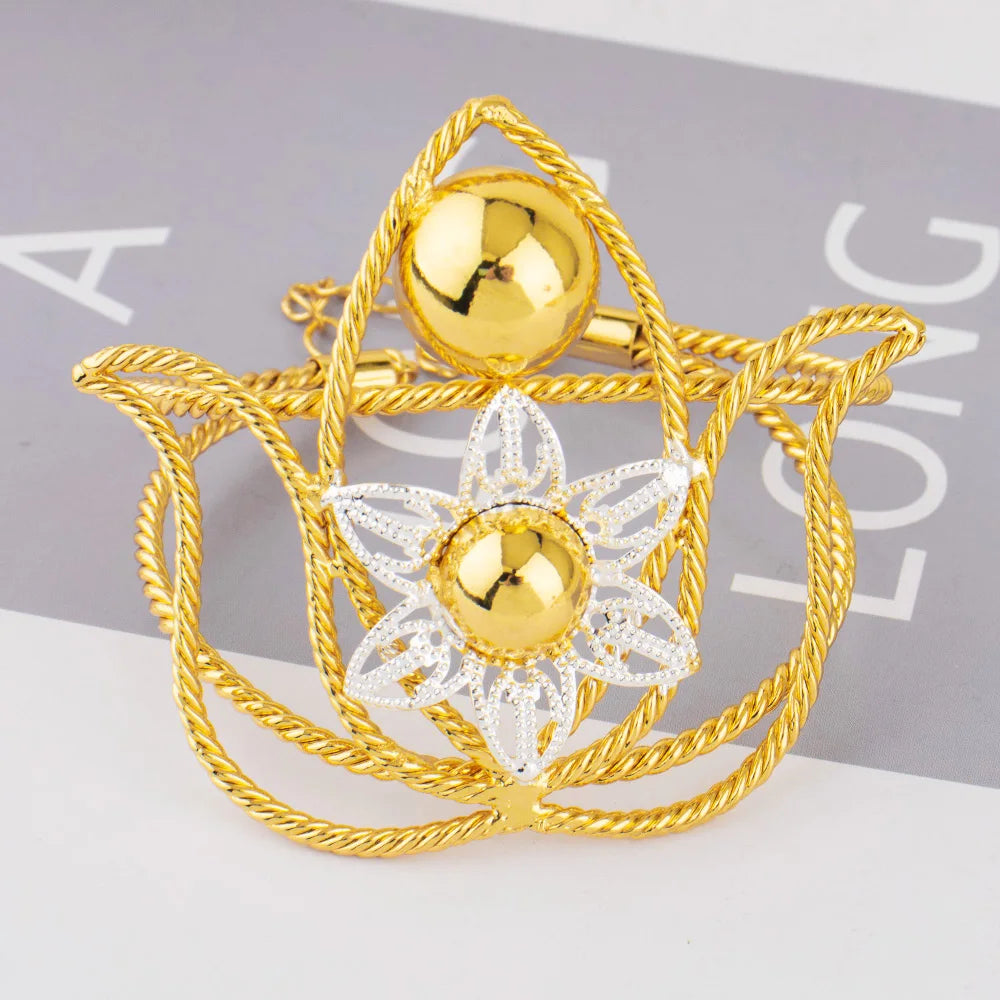 Exaggerated Gold Color Hollow Flower Shape Necklace Earrings Ring Bracelet Set for Women Gold Plated Jewelry Gift for Party