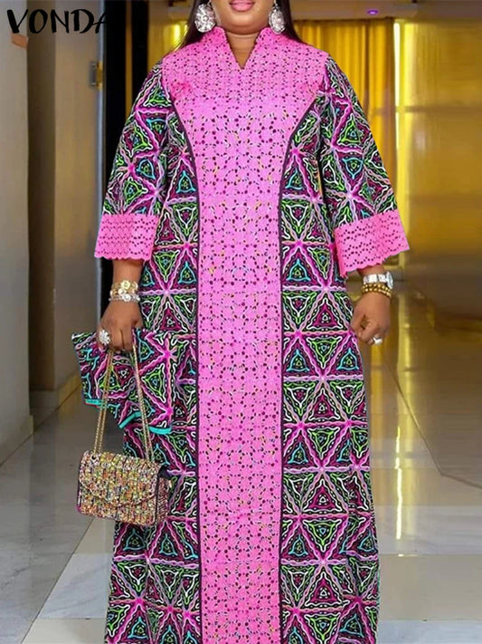 Women Floral Printed Maxi Dress 2025 VONDA Autumn Long Sleeve Loose Long Robe Bohemian Vestidos Oversize V-neck Sundress Baggy