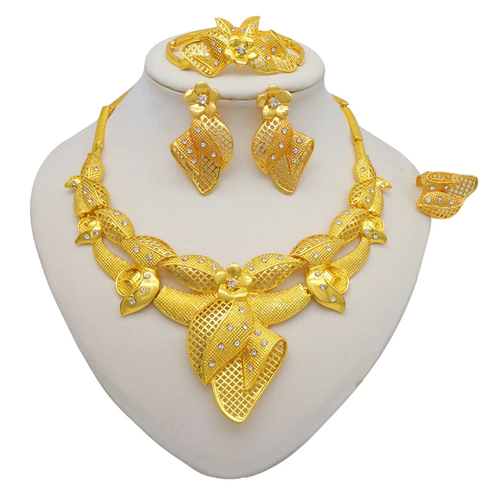 Necklace Sets For Women Dubai African Gold Color Jewelry Set Bride Earrings Rings Indian Nigerian Wedding Jewelery Set Gift