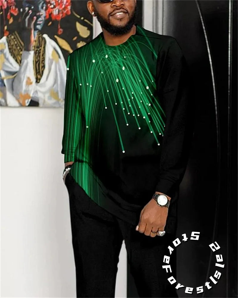 Men Tracskuit Set 2-piece Striped 3D Printed Casual Walking Suit Fashion Streetwear Long Sleeve T-Shirt Trousers Outfits